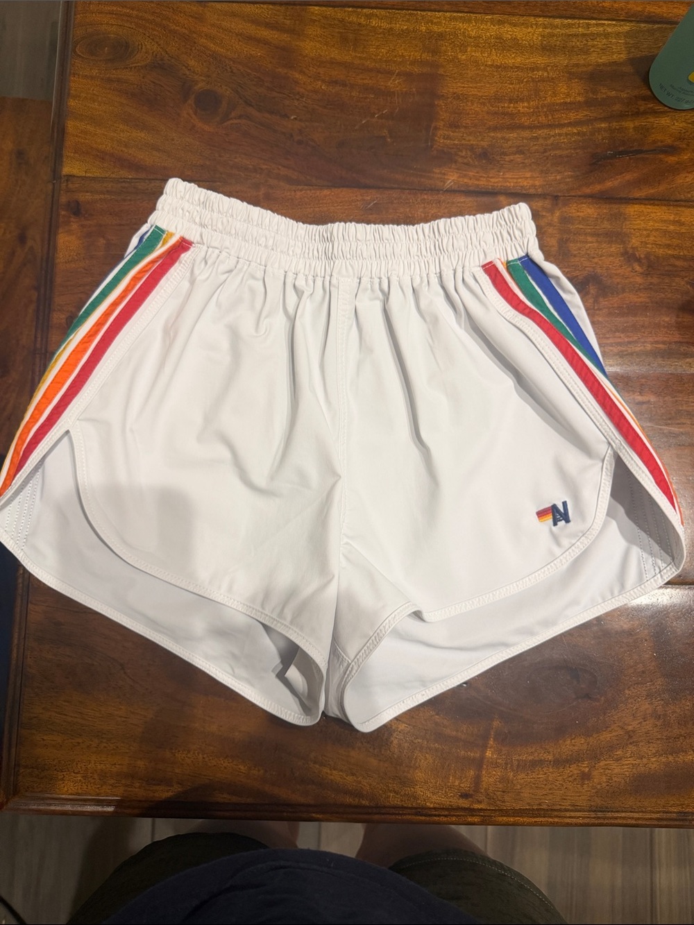 Aviator Nation White Athletic Shorts with Rainbow Side Stripes